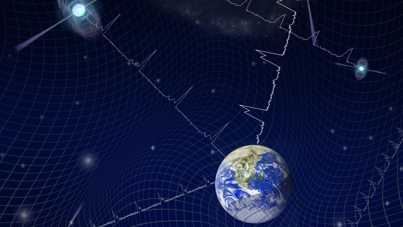 Artwork showing pulsars around the Earth embedded in a gravitational wave