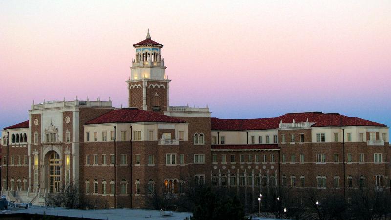 Sunset view of the English & Philosphy Building at Texas Tech University