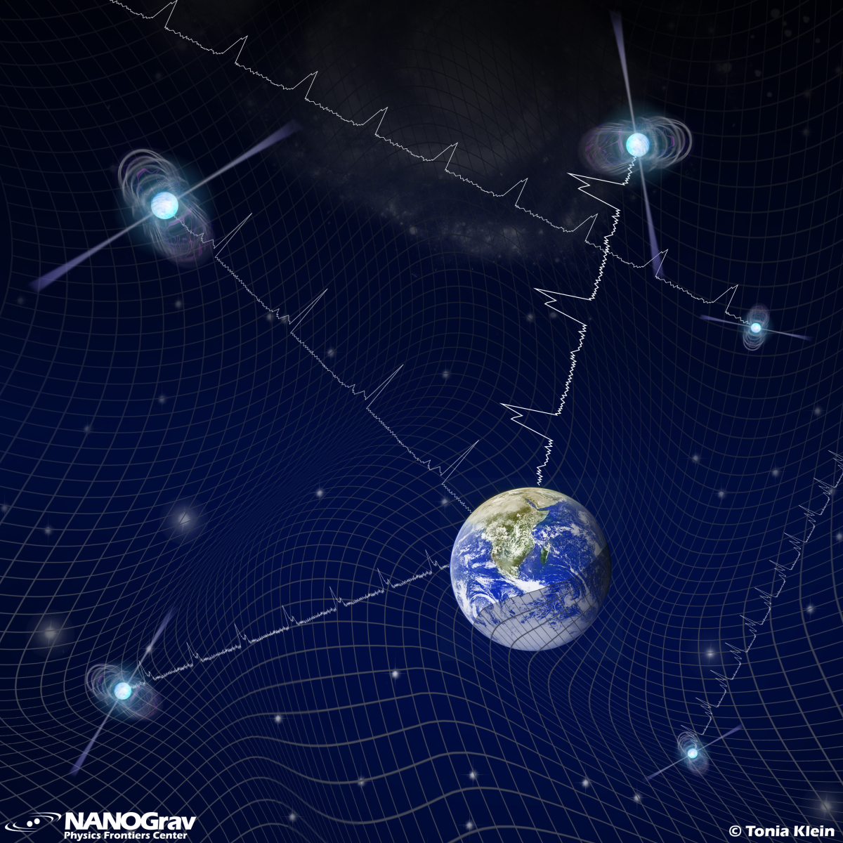 Artwork showing pulsars around the Earth embedded in a gravitational wave 